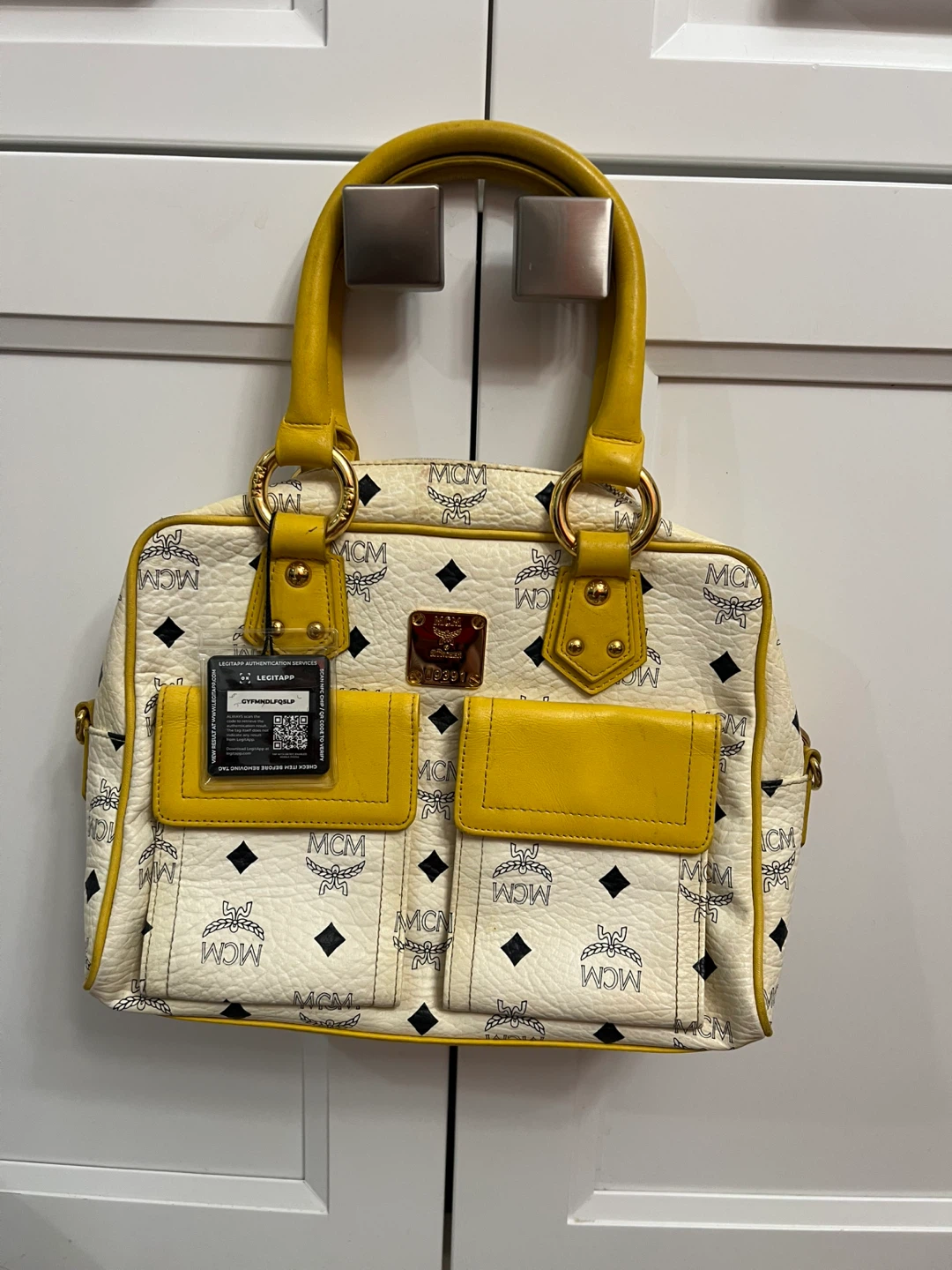 MCM Visetos Print Satchel in White and Yellow