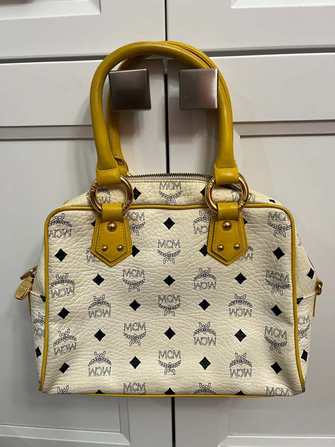MCM Visetos Print Satchel in White and Yellow - photo 2