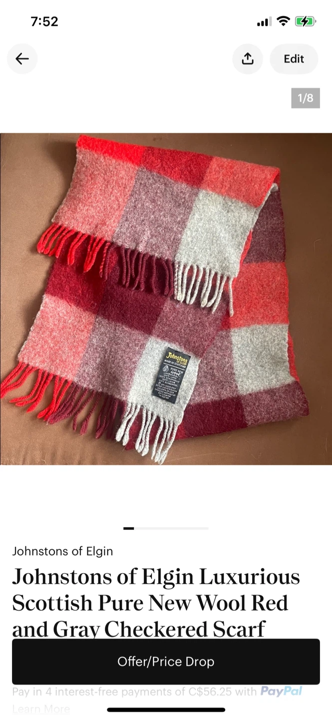 Johnstons of Elgin Red and Grey Checkered Wool Scarf