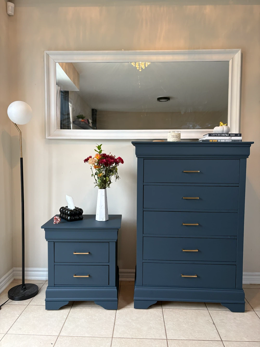 Beautiful Navy Blue Bedroom Set - 5-Drawer Chest & Nightstand