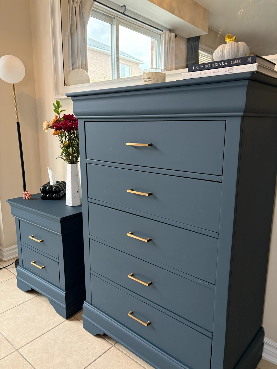 Beautiful Navy Blue Bedroom Set - 5-Drawer Chest & Nightstand - photo 2