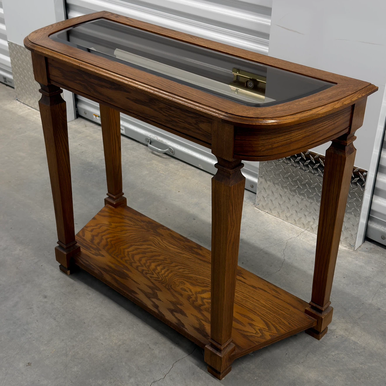 Wood Console Table w/ Glass Top & Bottom Shelf