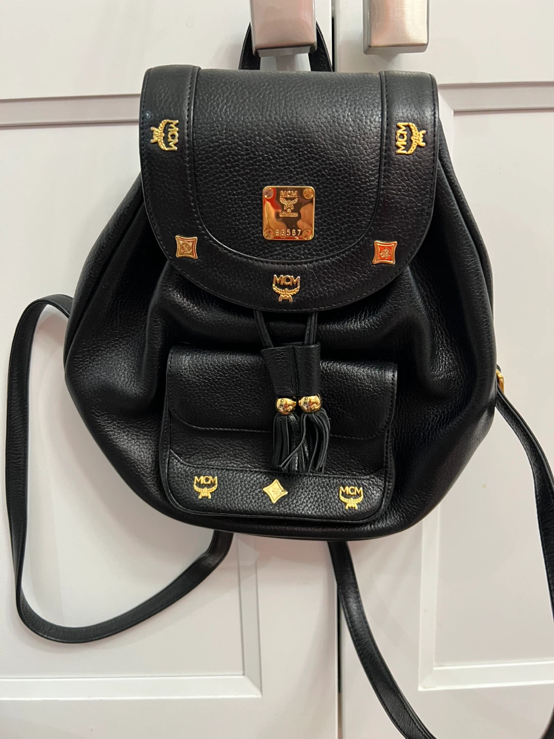 MCM Black Leather Drawstring Backpack