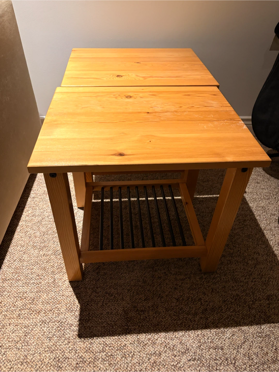 Two Pine Wood Side Tables with Metal Shelves