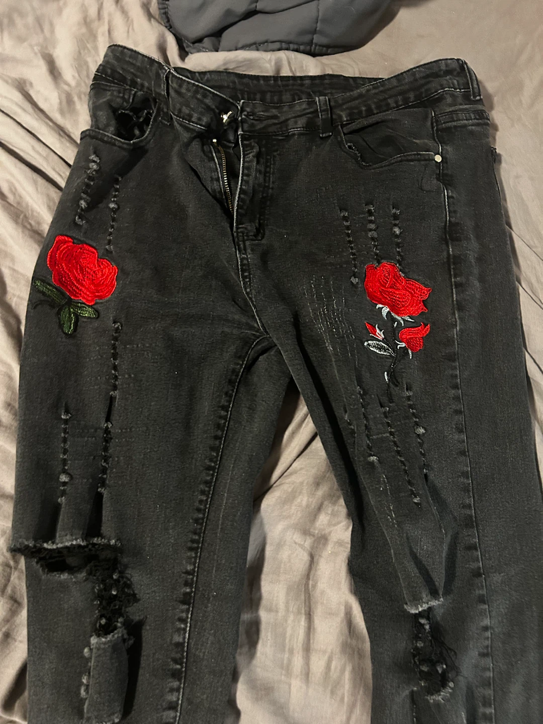 Black Distressed Jeans with Rose Embroidery