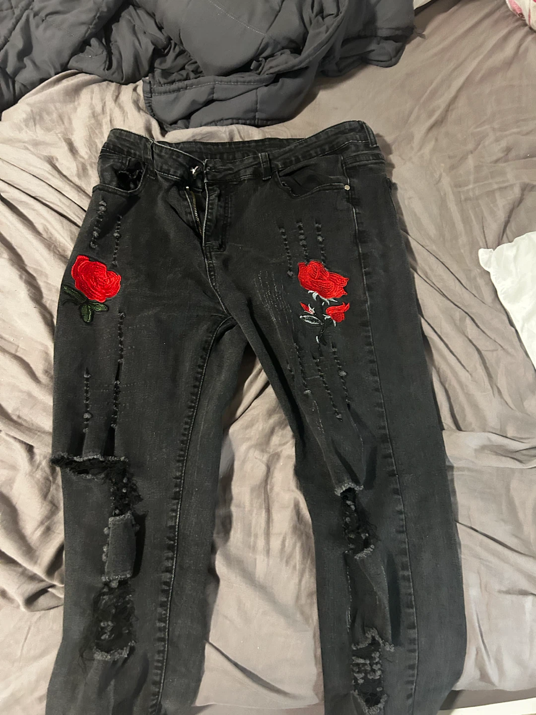 Black Distressed Jeans with Rose Embroidery - photo 2