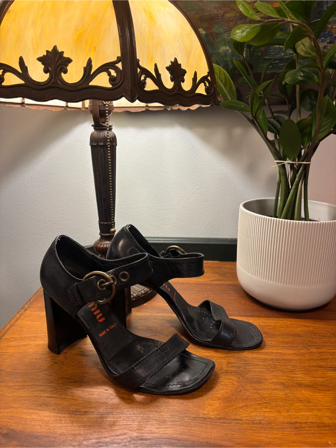 Vintage Miu Miu Black Leather Buckle Block Heel Sandals