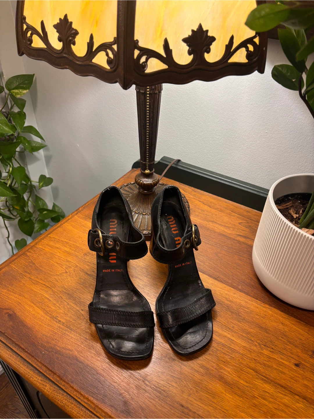 Vintage Miu Miu Black Leather Buckle Block Heel Sandals - photo 2