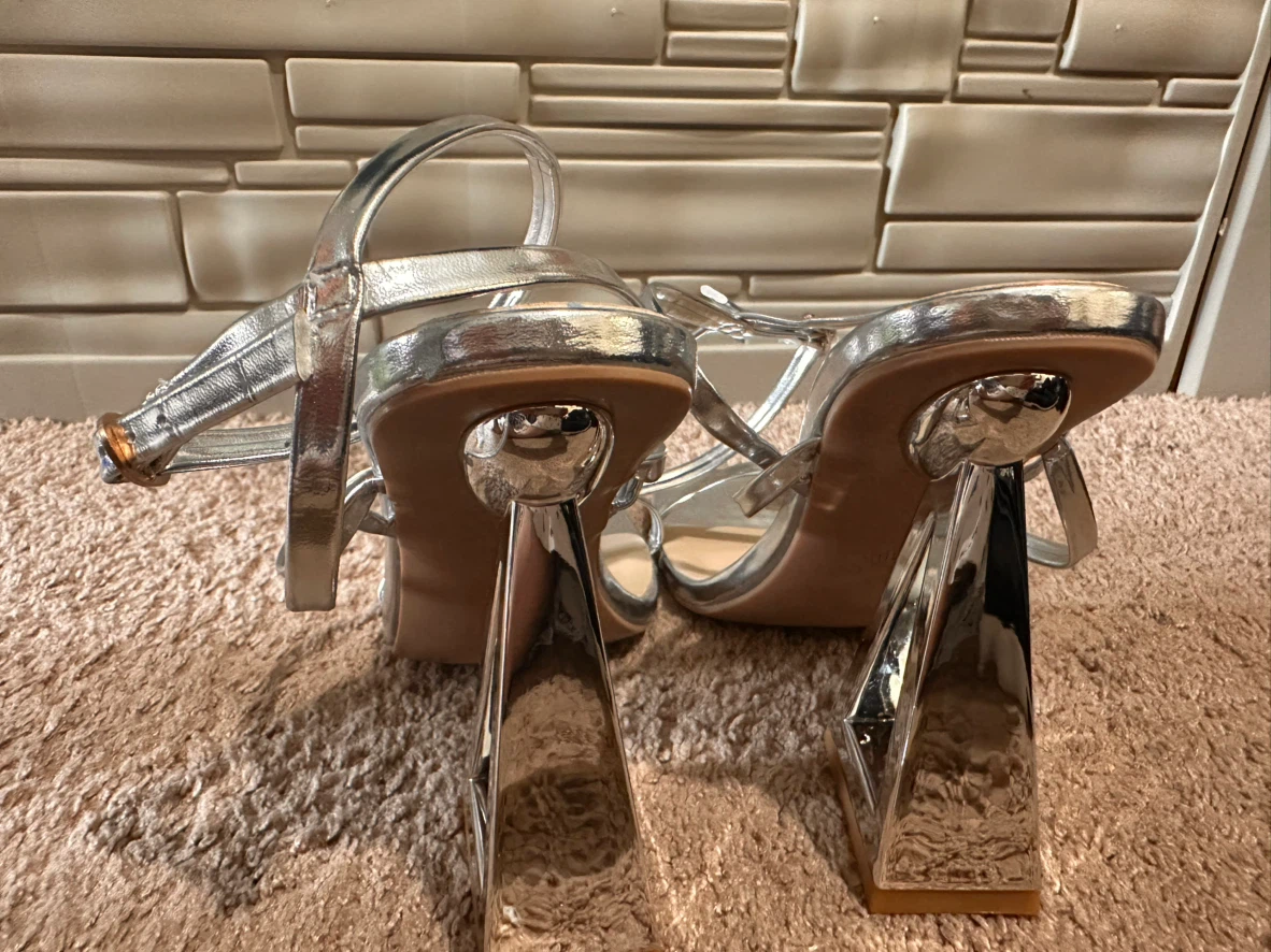 Silver Strappy Block Heel Sandals