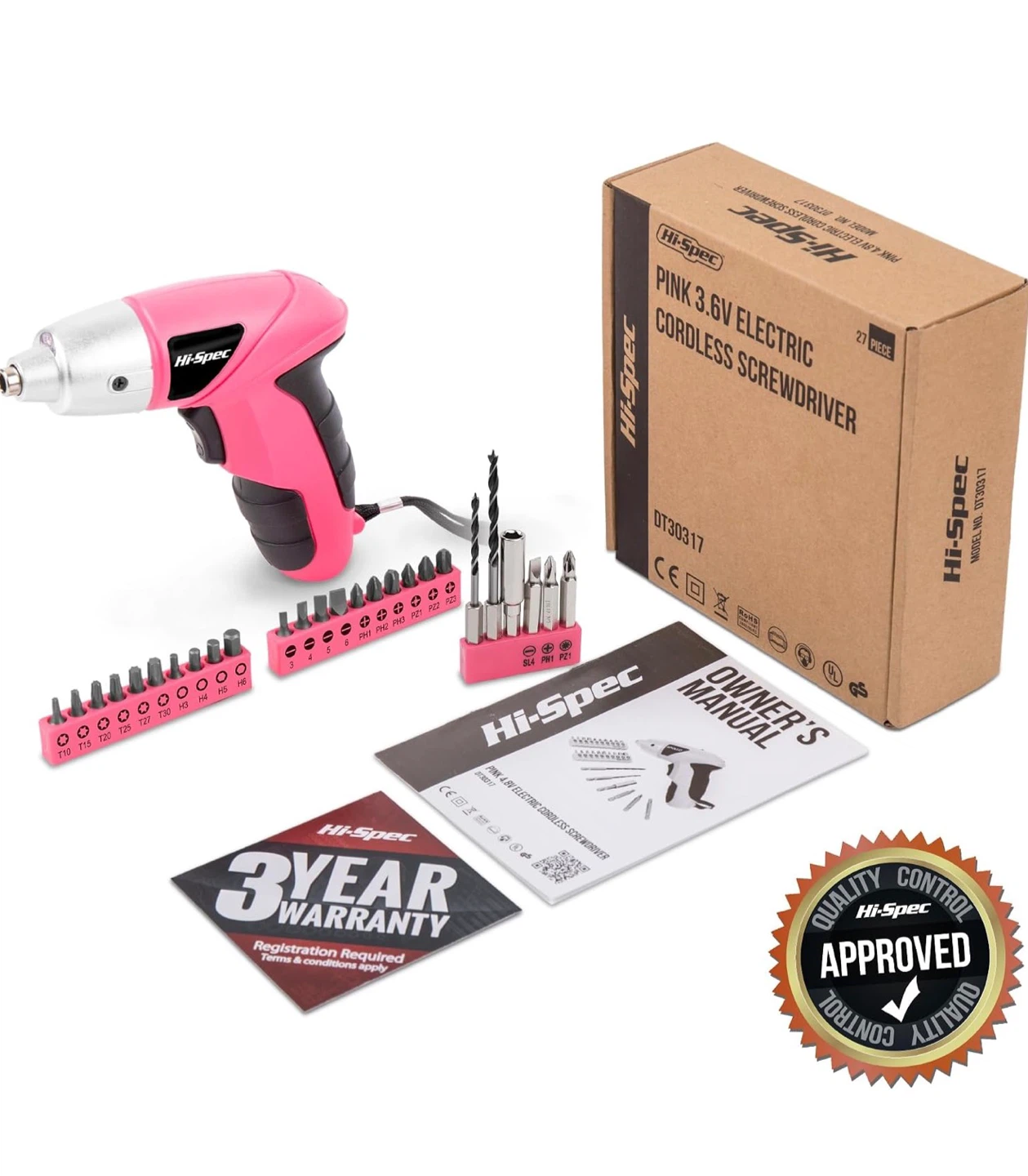 Hi-Spec 3.6V Pink Electric Cordless Screwdriver