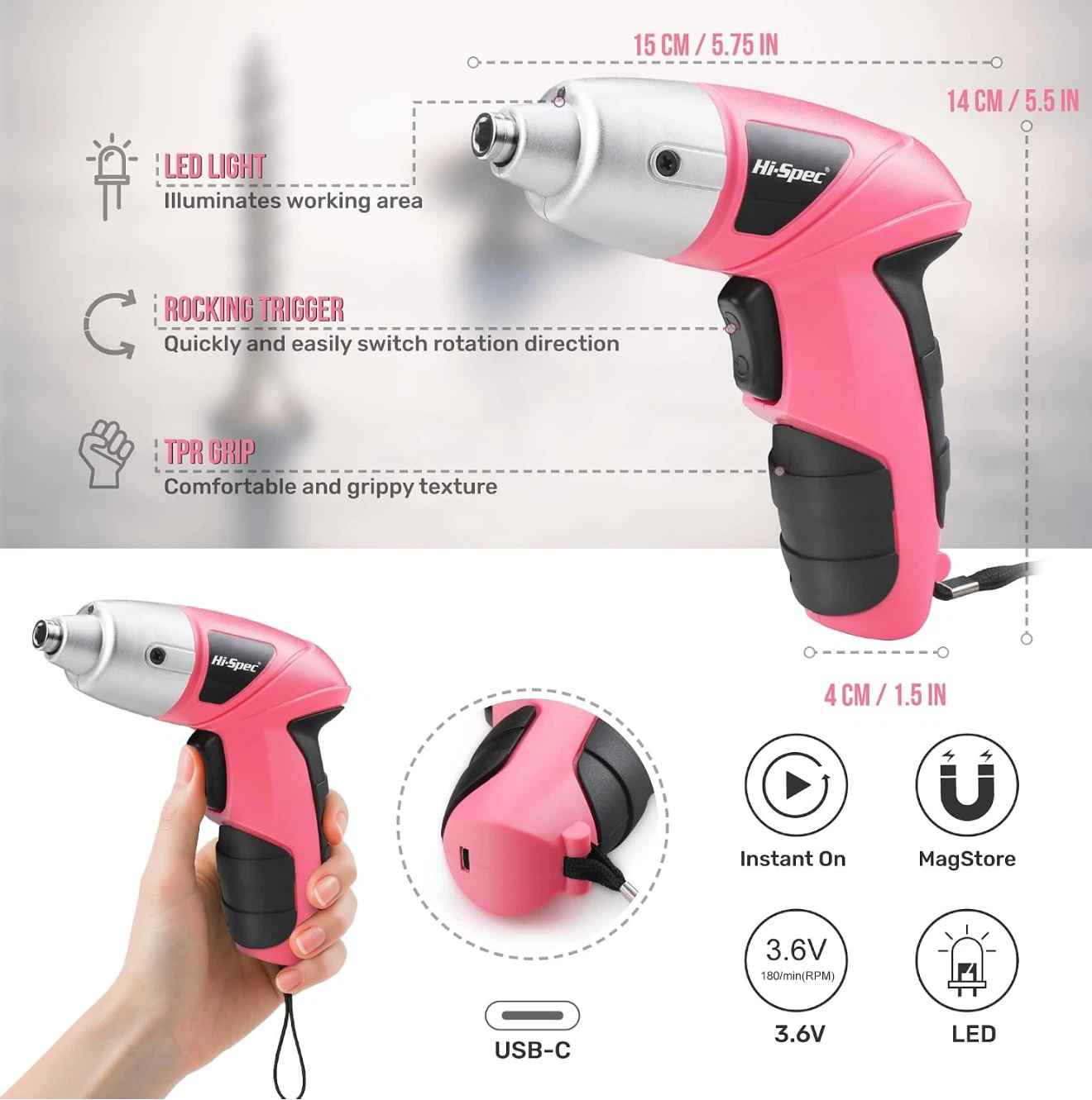 Hi-Spec 3.6V Pink Electric Cordless Screwdriver - photo 4