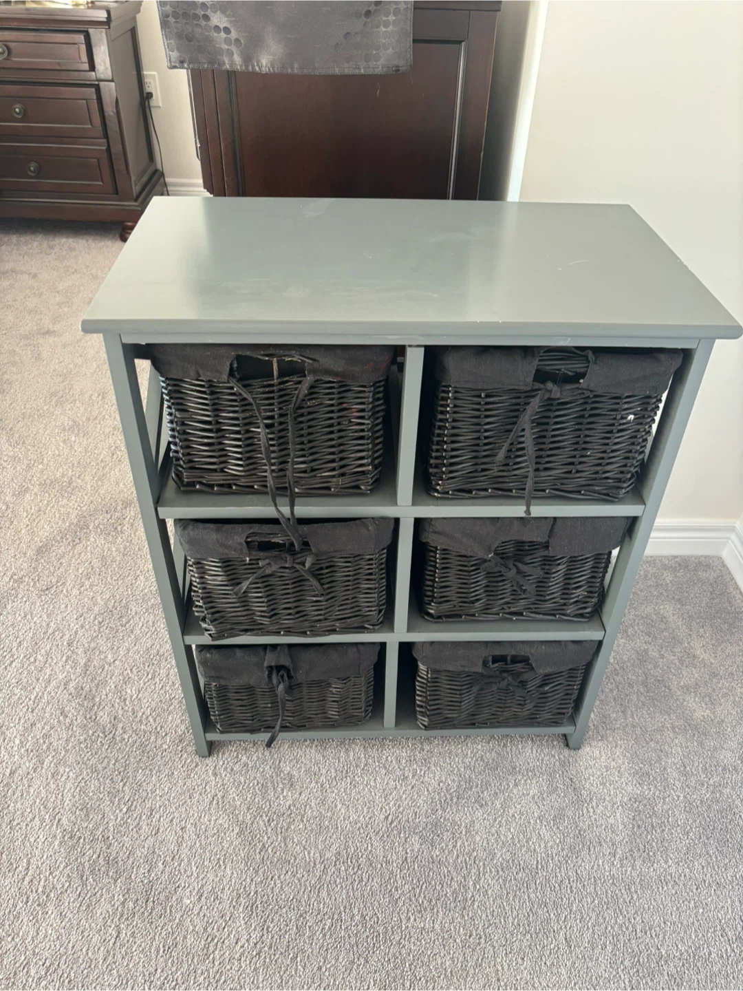 Grey Storage Unit with 6 Wicker Baskets