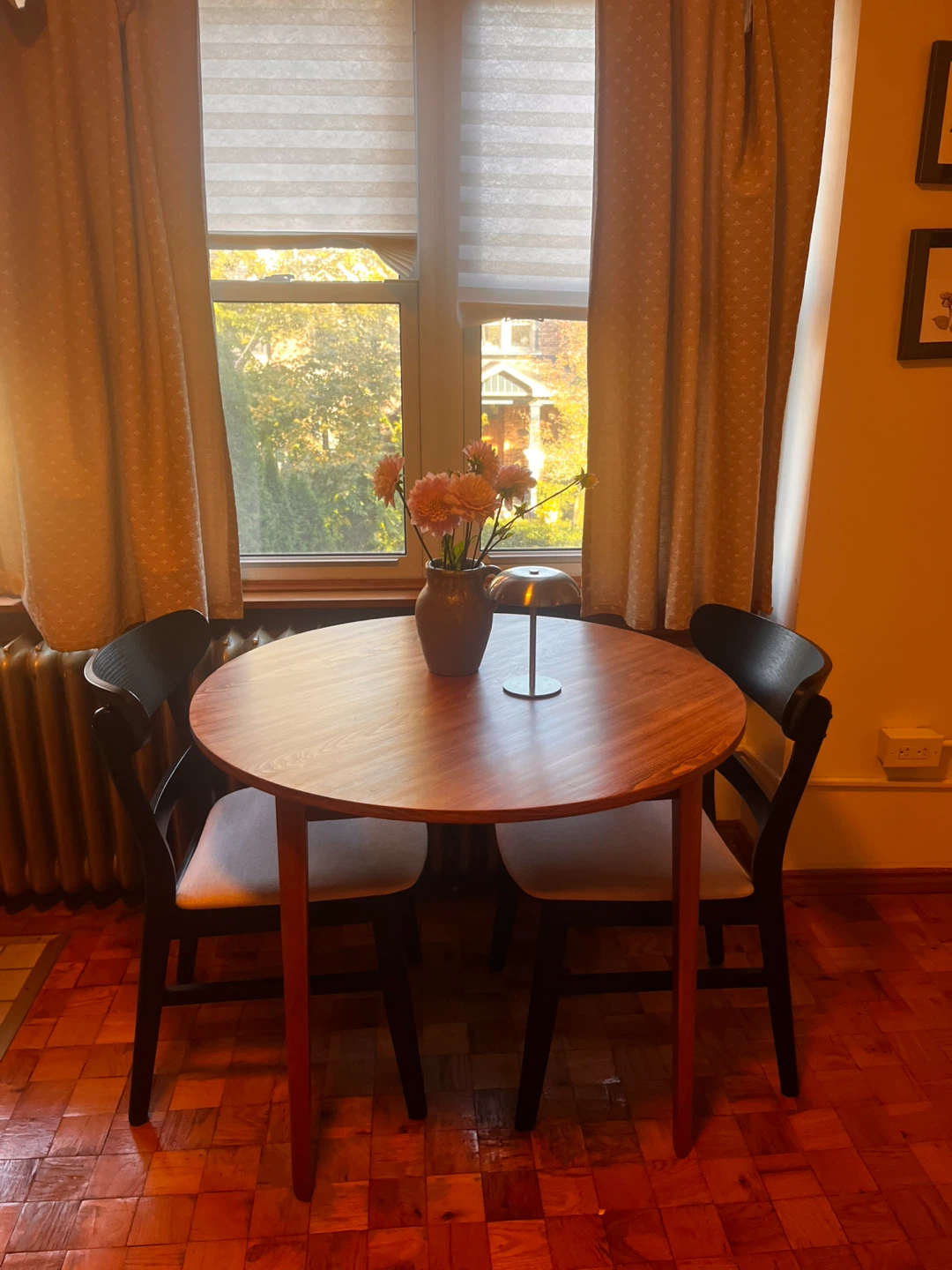 MCM wooden round table and 2 chairs