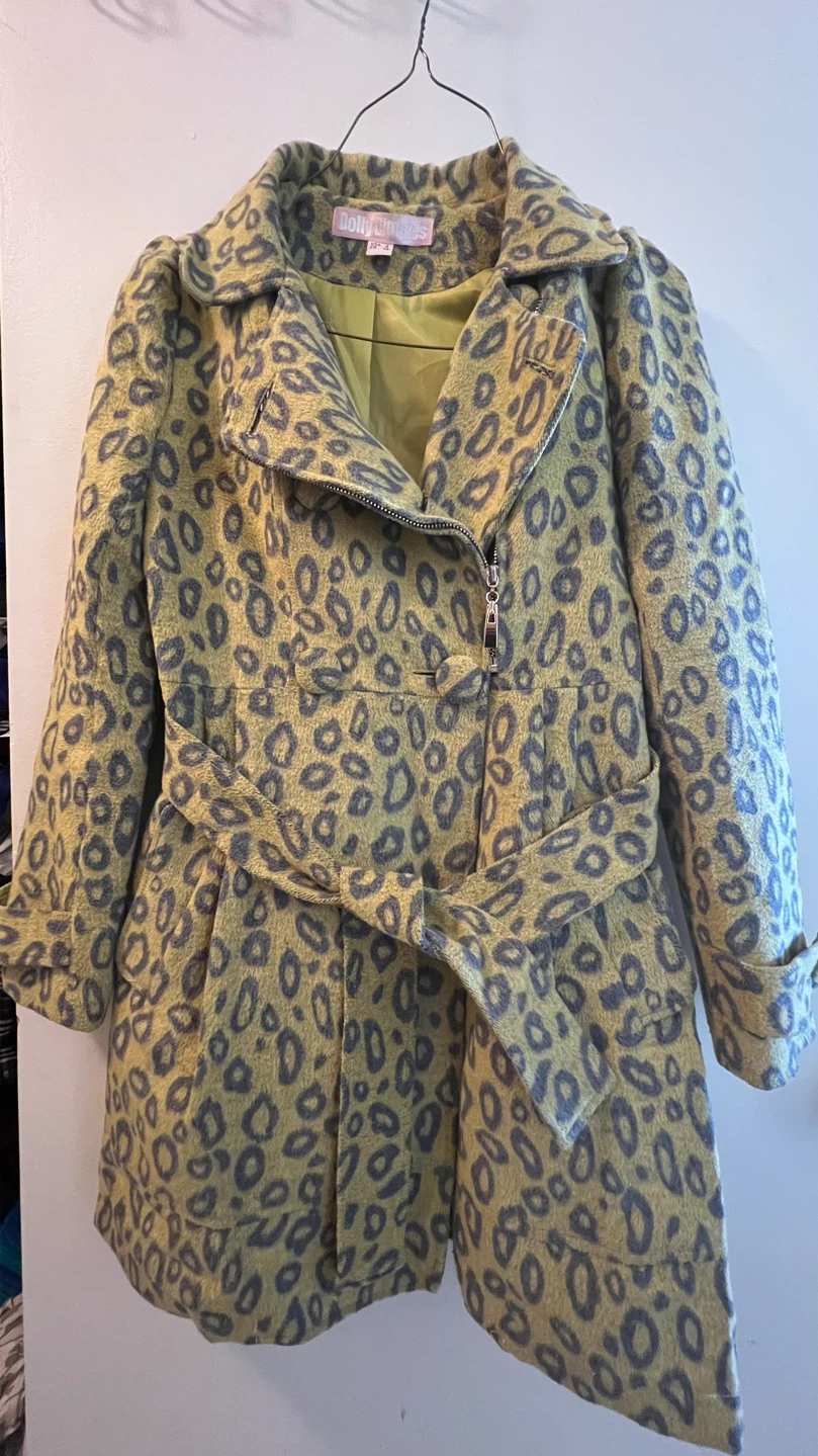 Dolly Dimples Leopard Print Moto Trench Coat Jacket Wool Blend