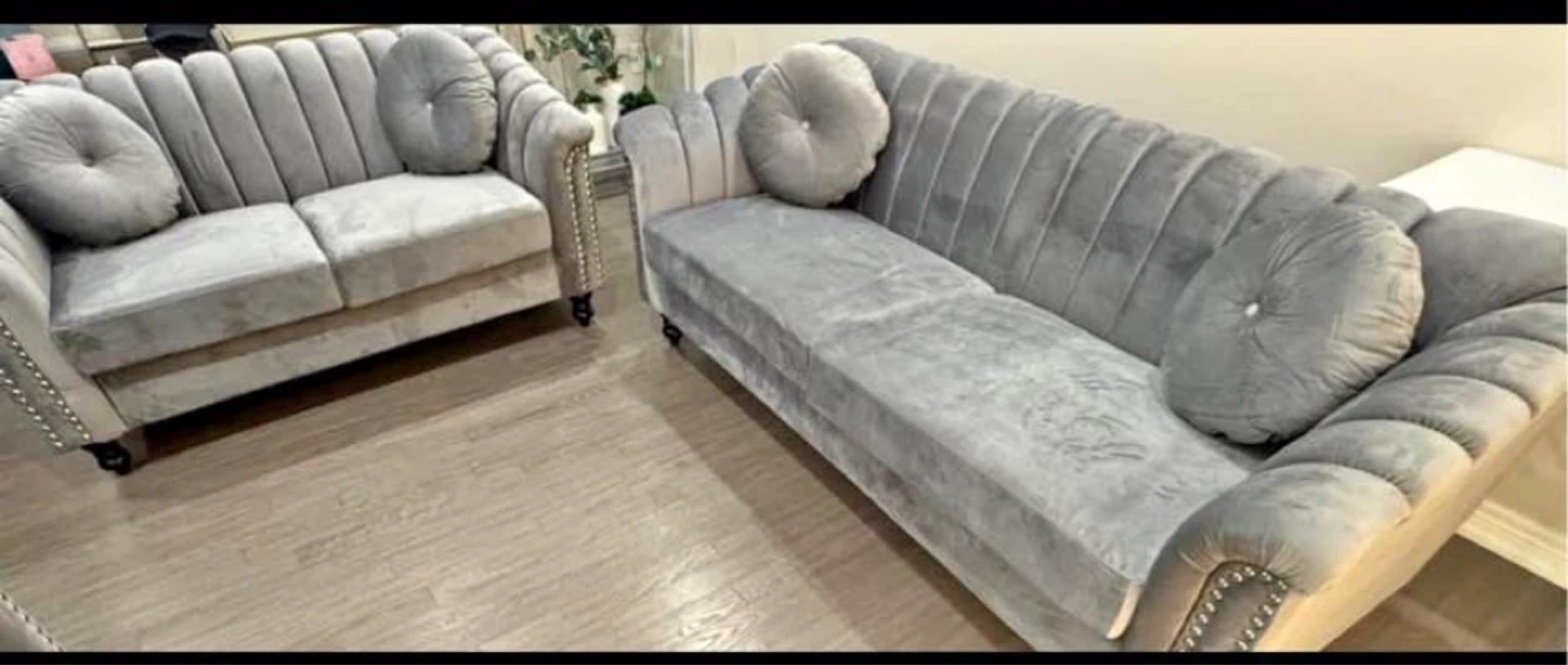 Grey Velvet Sofa and Loveseat Set
