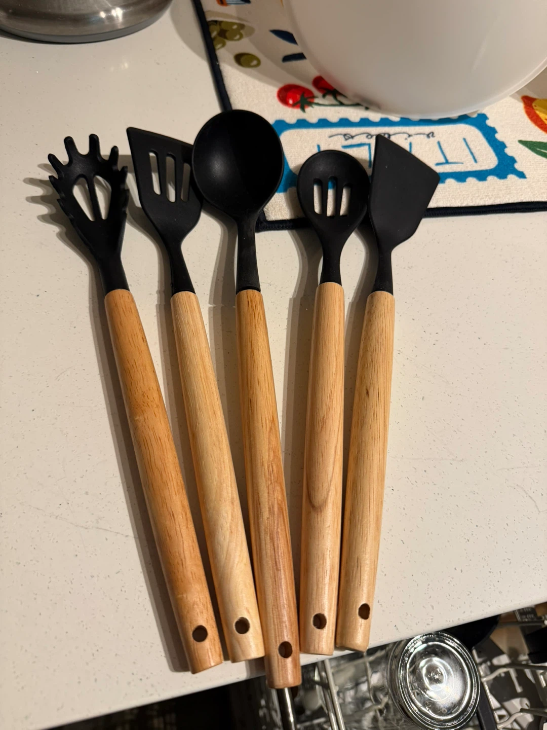 Set of 5 Black Silicone and Wood Kitchen Utensils