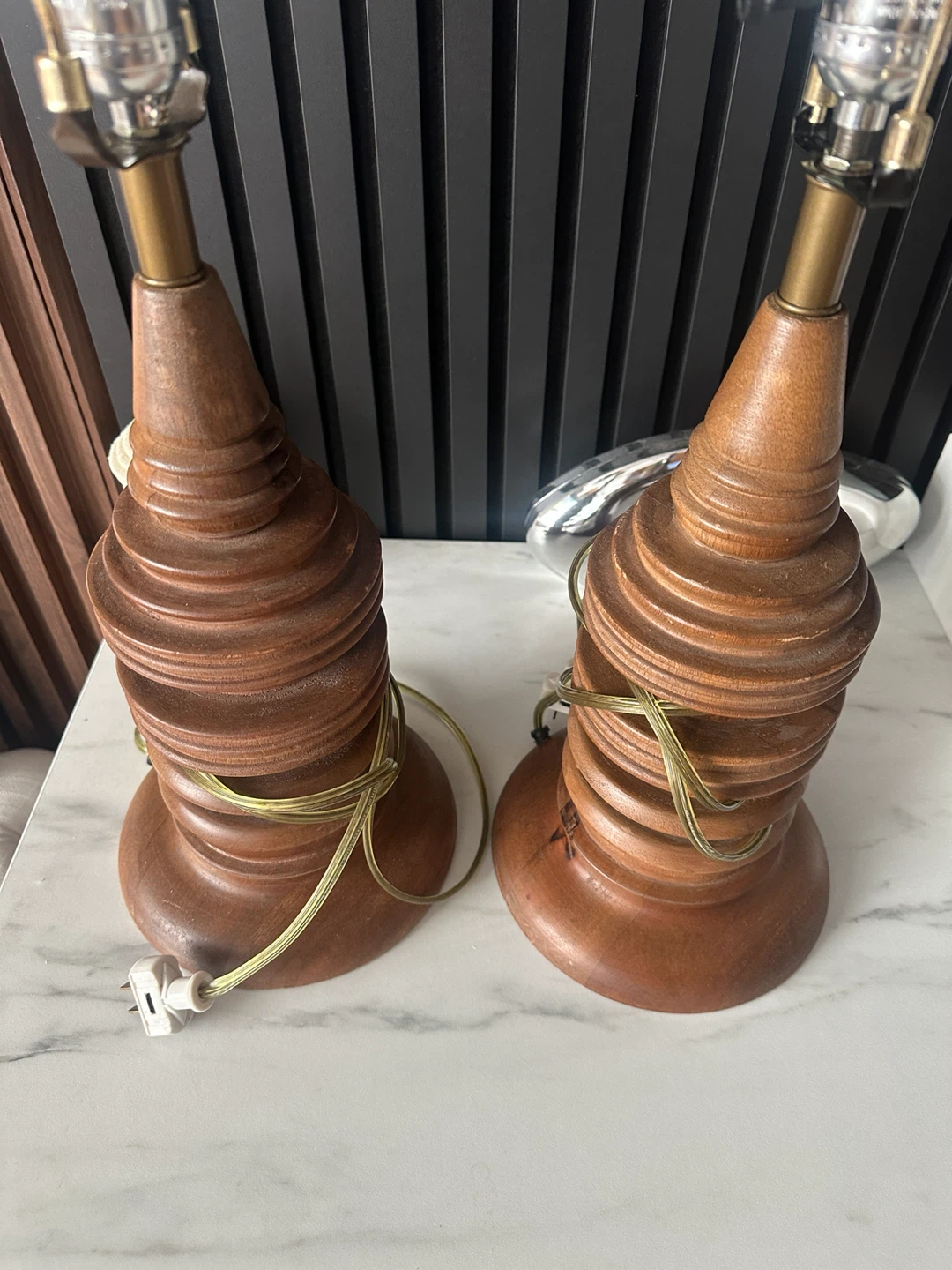 2 VINTAGE MCM STYLE BOHO CHIC WOOD SIDE NIGHT TABLE LAMPS - photo 2