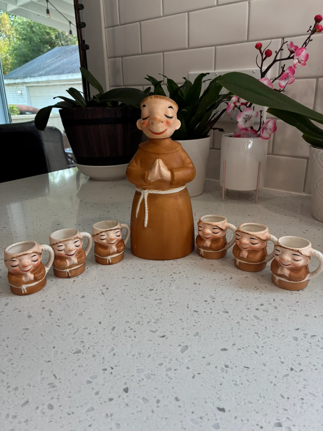 Vintage Monk Decanter and 6 Mugs Set