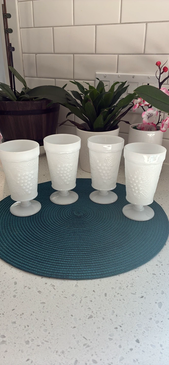 Set of 4 Vintage Milk Glass Grape Pattern Goblets
