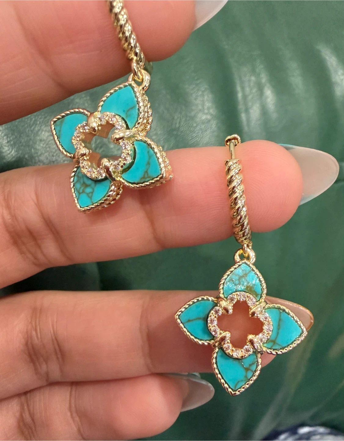 Turquoise and gold-tone floral drop earrings