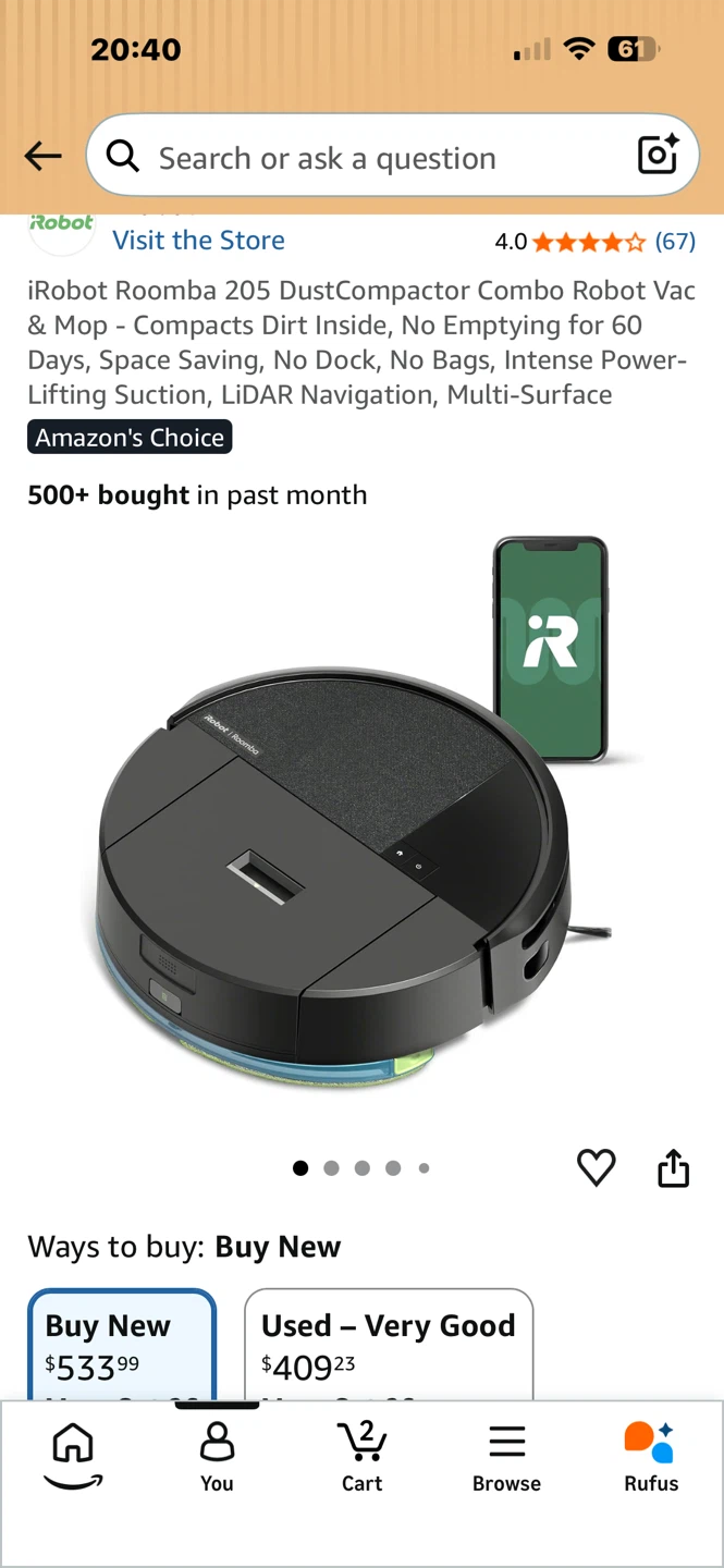 Brand new, factory-sealed iRobot Roomba 205 DustCompactor Combo