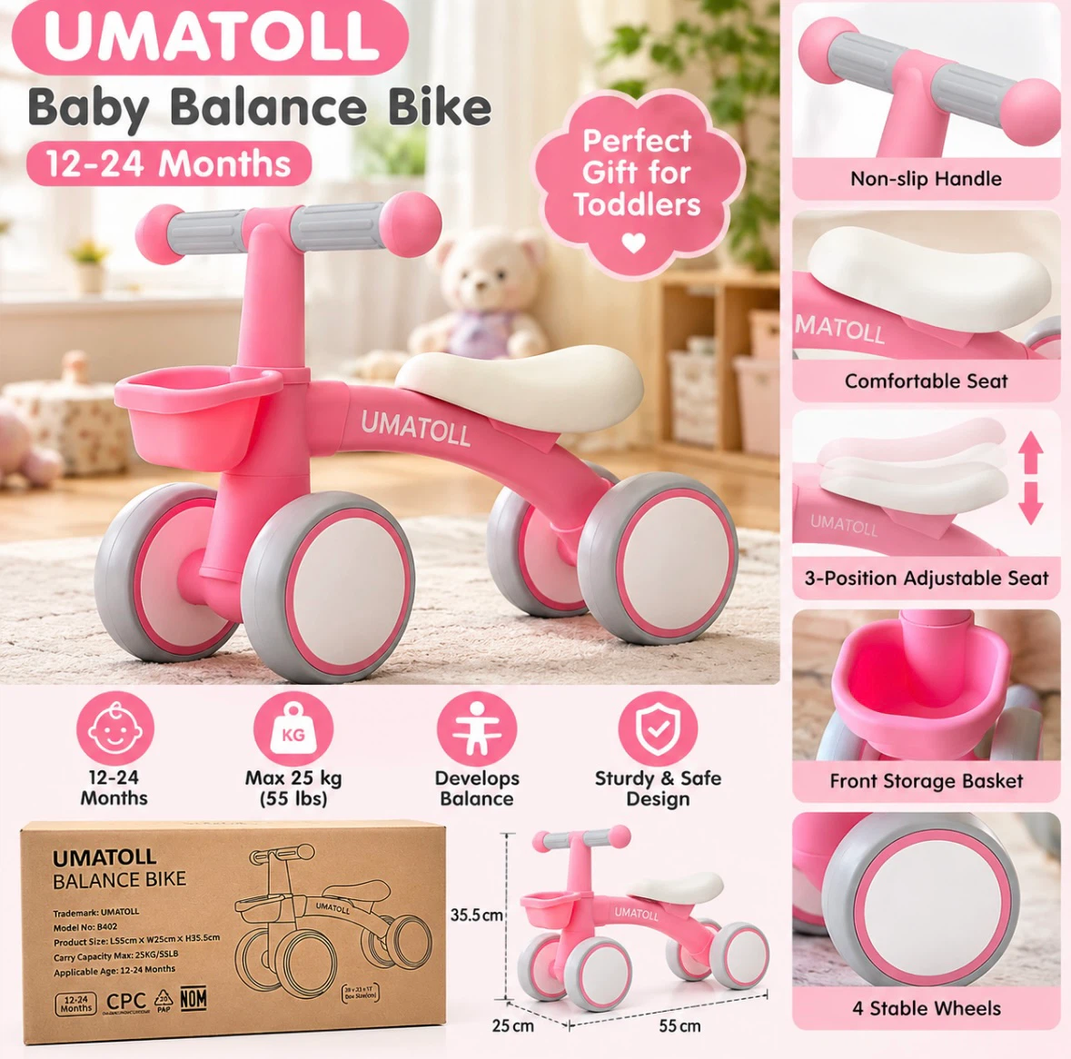 UMATOLL Baby Balance Bike – Pink – 12–24 Months