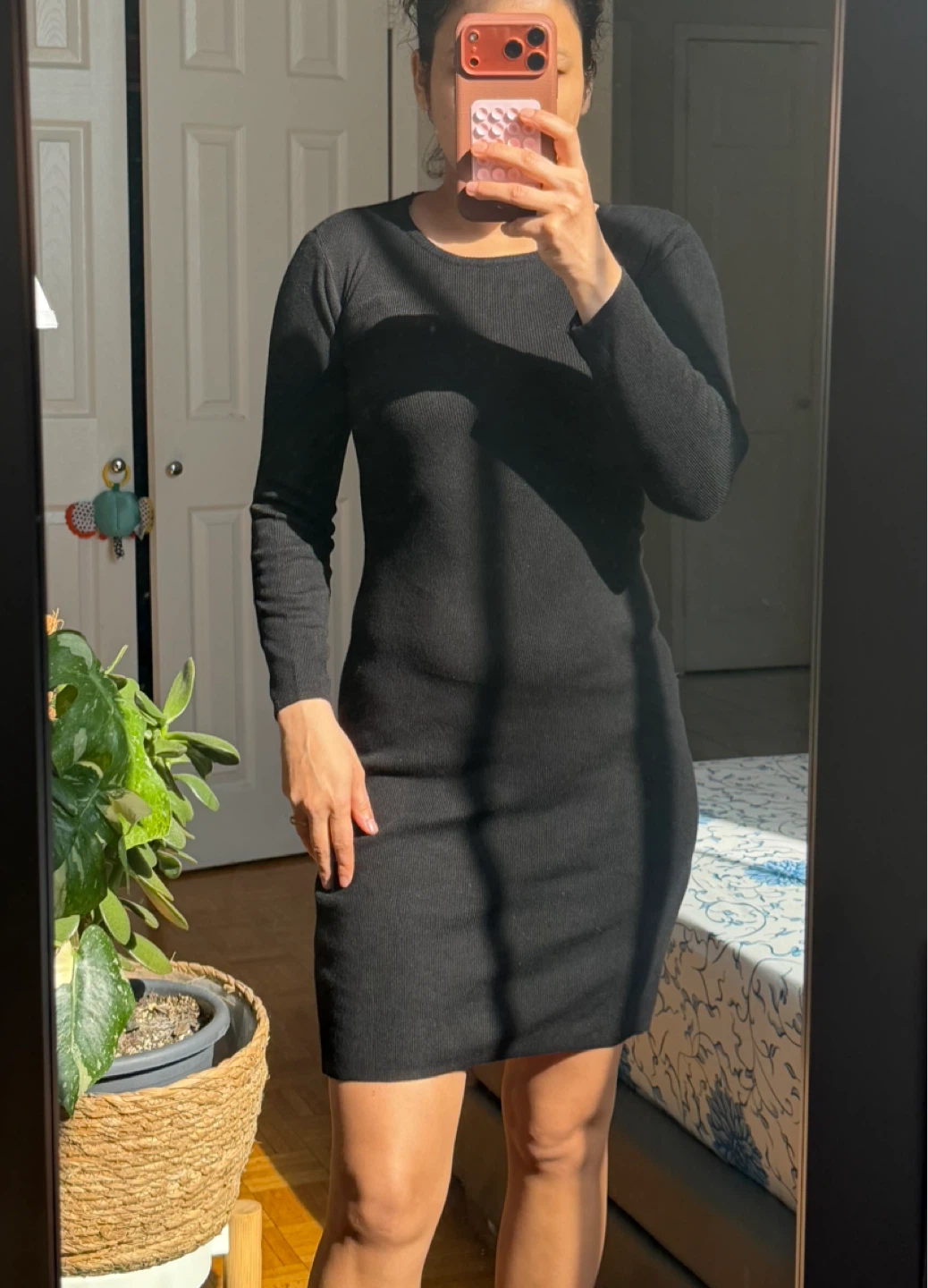 Black Long-Sleeve Ribbed Knit Dress