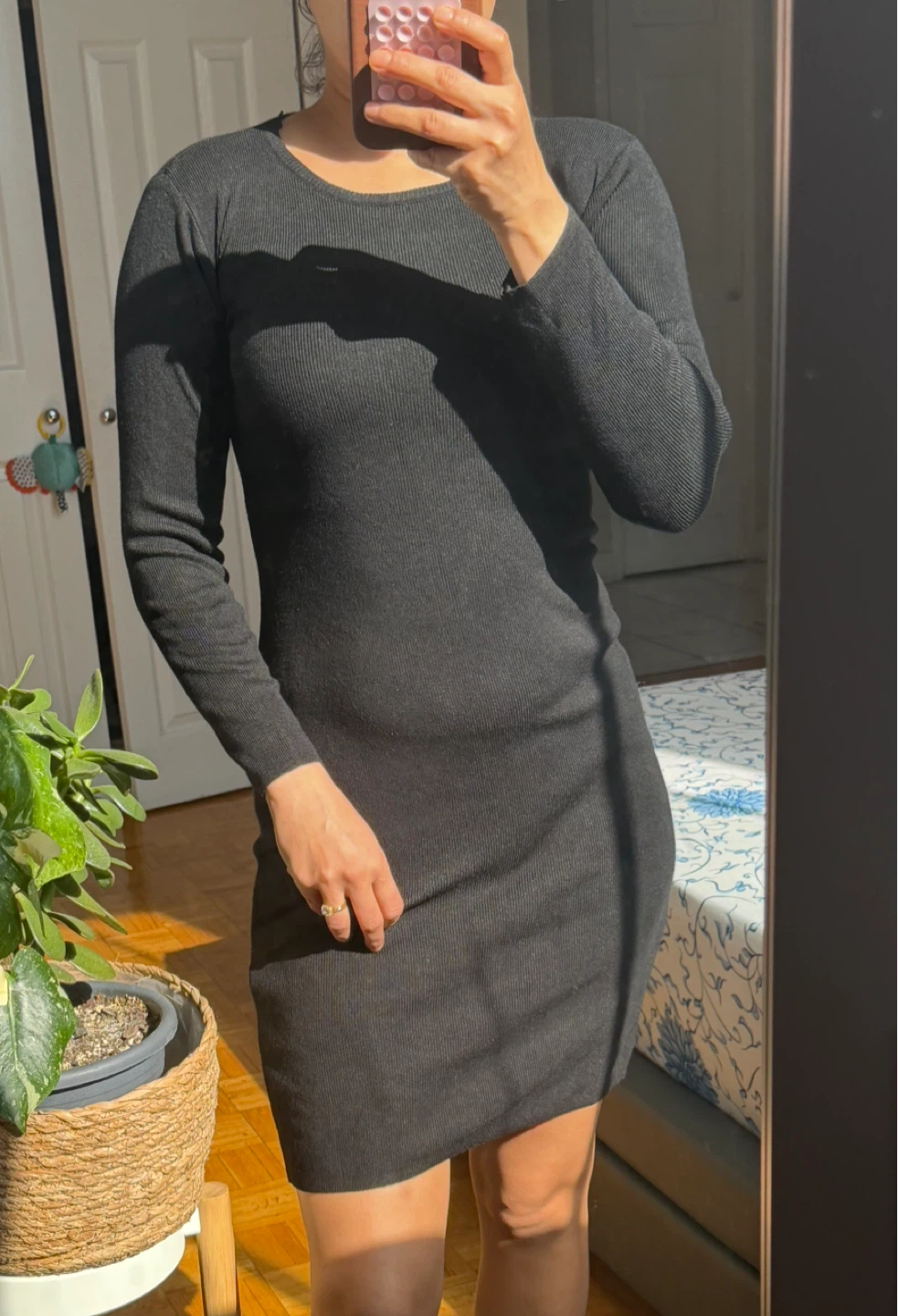 Black Long-Sleeve Ribbed Knit Dress - photo 4