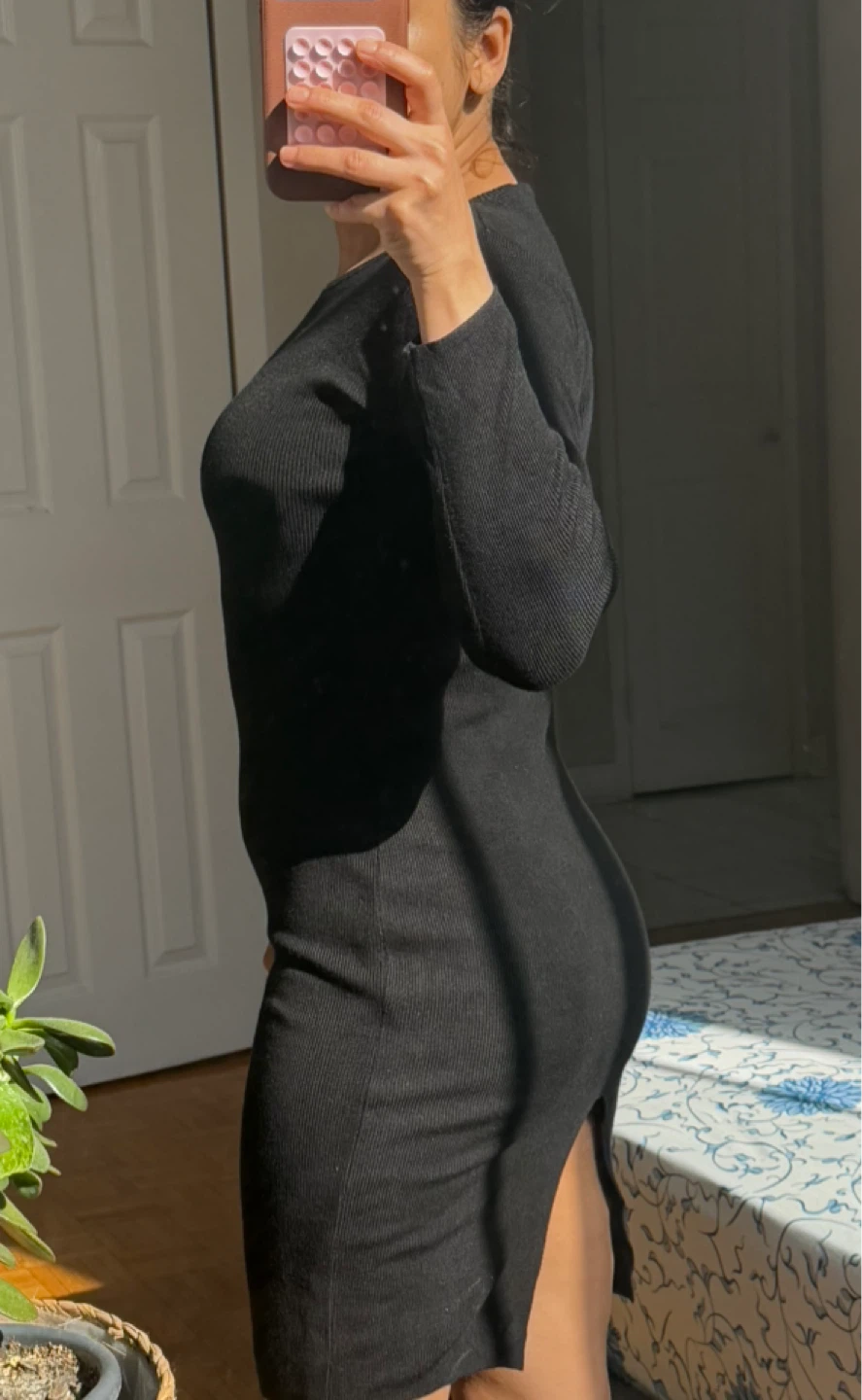 Black Long-Sleeve Ribbed Knit Dress - photo 5