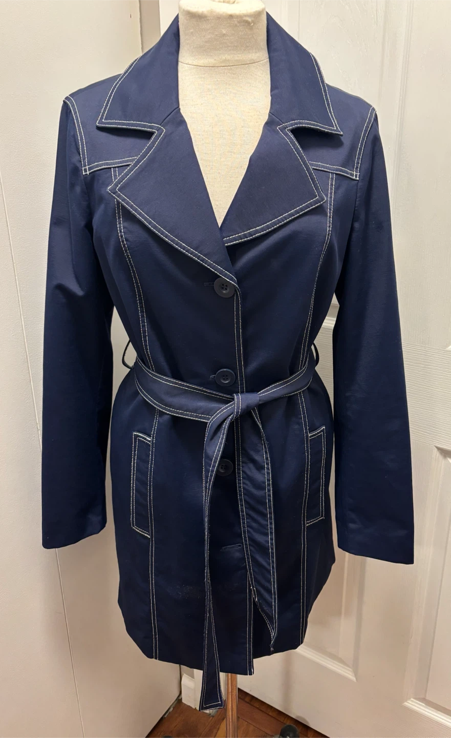 Navy Blue  Short Trench Coat with White Contrast Stitching