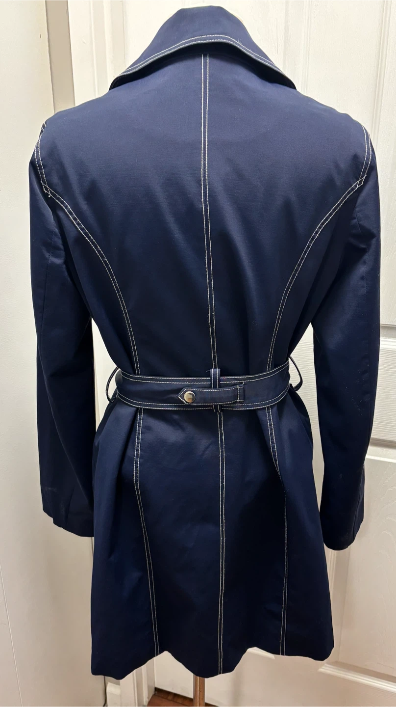 Navy Blue  Short Trench Coat with White Contrast Stitching - photo 2