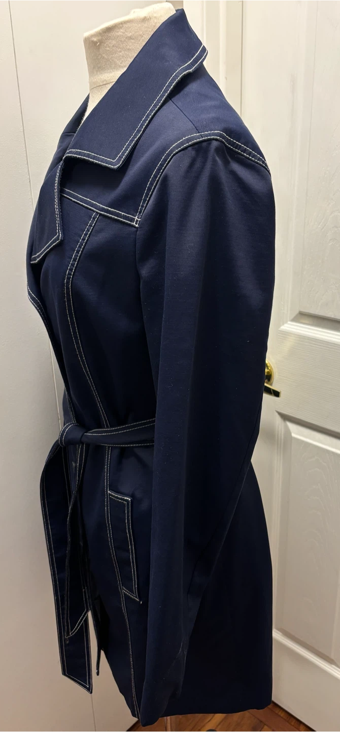 Navy Blue  Short Trench Coat with White Contrast Stitching - photo 3