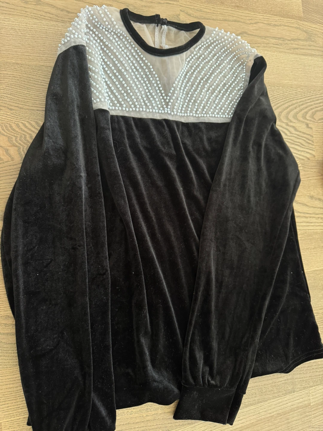 Designer’s Black Velvet Long Sleeve Blouse with Pearl Details