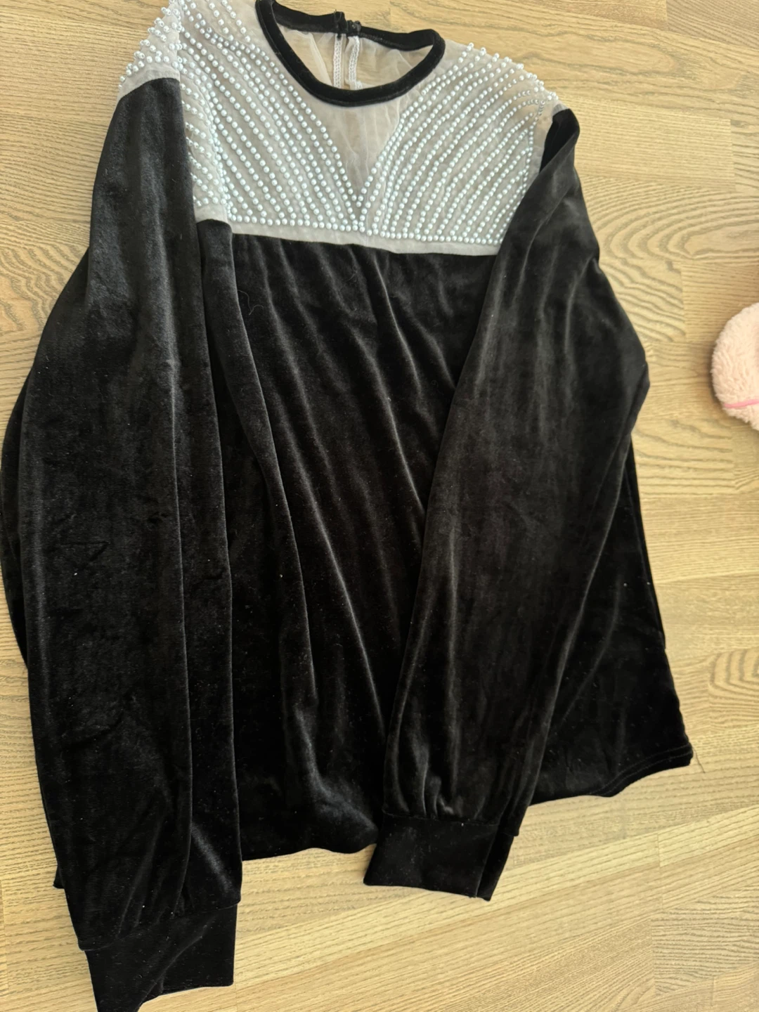 Designer’s Black Velvet Long Sleeve Blouse with Pearl Details - photo 2