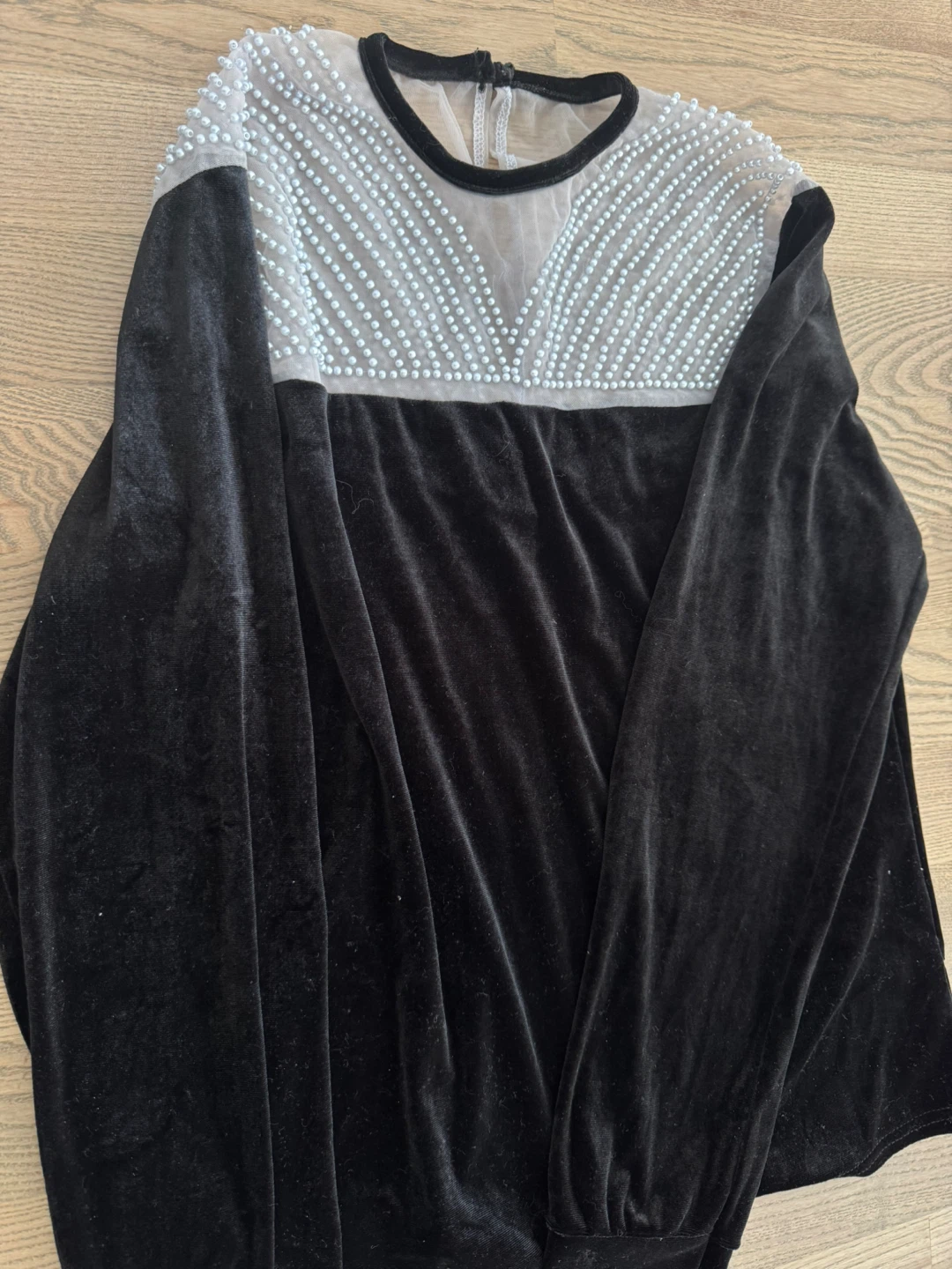Designer’s Black Velvet Long Sleeve Blouse with Pearl Details - photo 3