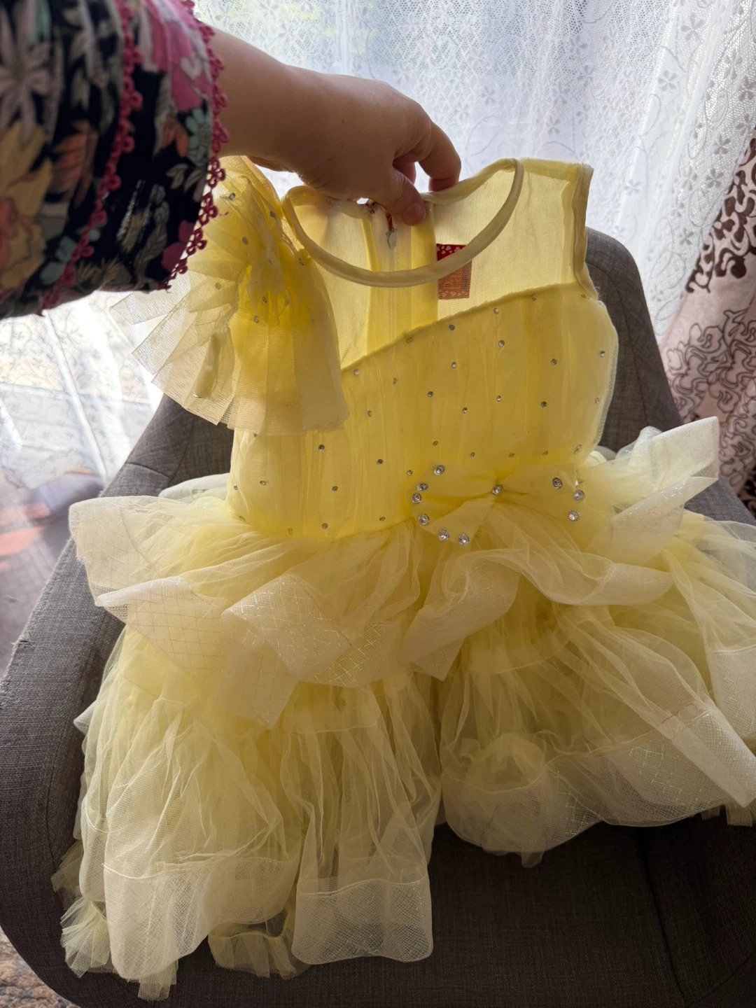 Yellow party dress with rhinestone details baby dress - photo 2