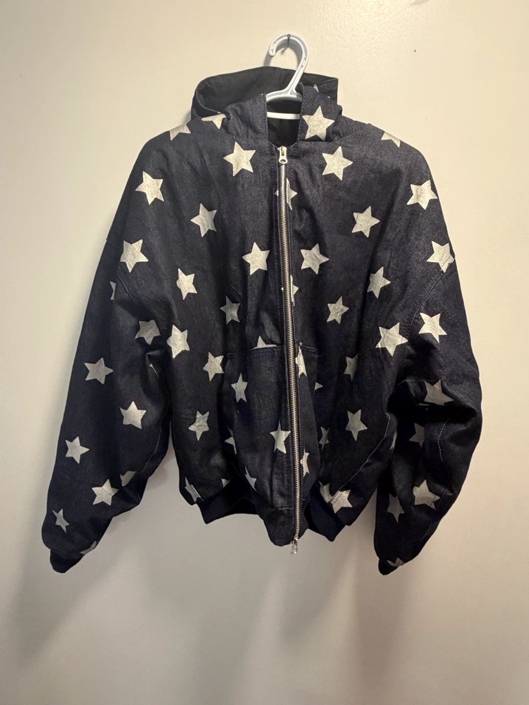 AASTU Star Print Denim Zip-Up Hoodie