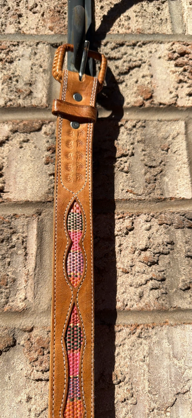 Vintage Tan Leather Belt with Woven Detail