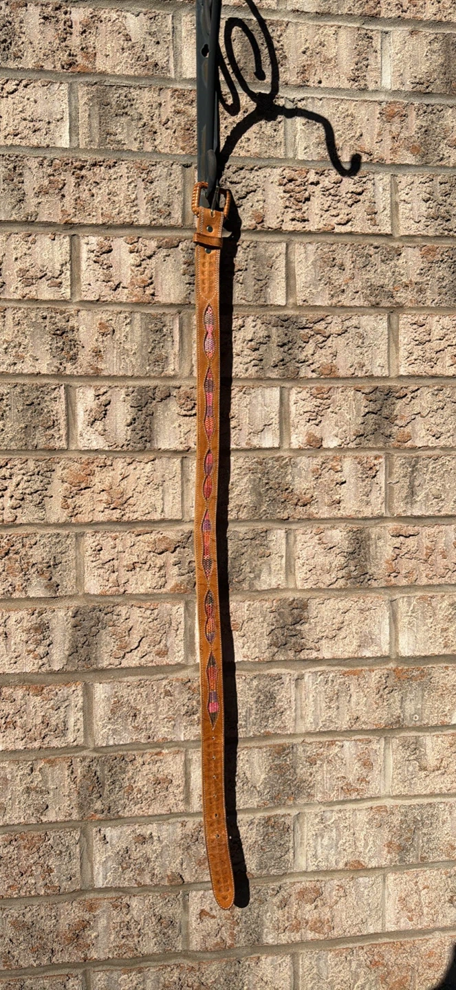 Vintage Tan Leather Belt with Woven Detail - photo 2