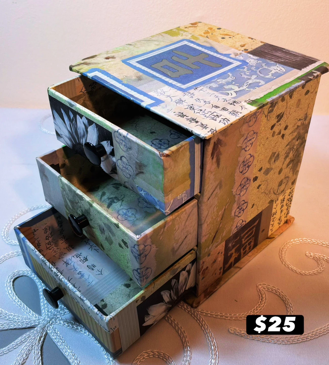 Vintage Japanese Washi Paper Mini Tansu Chest 3 Drawer