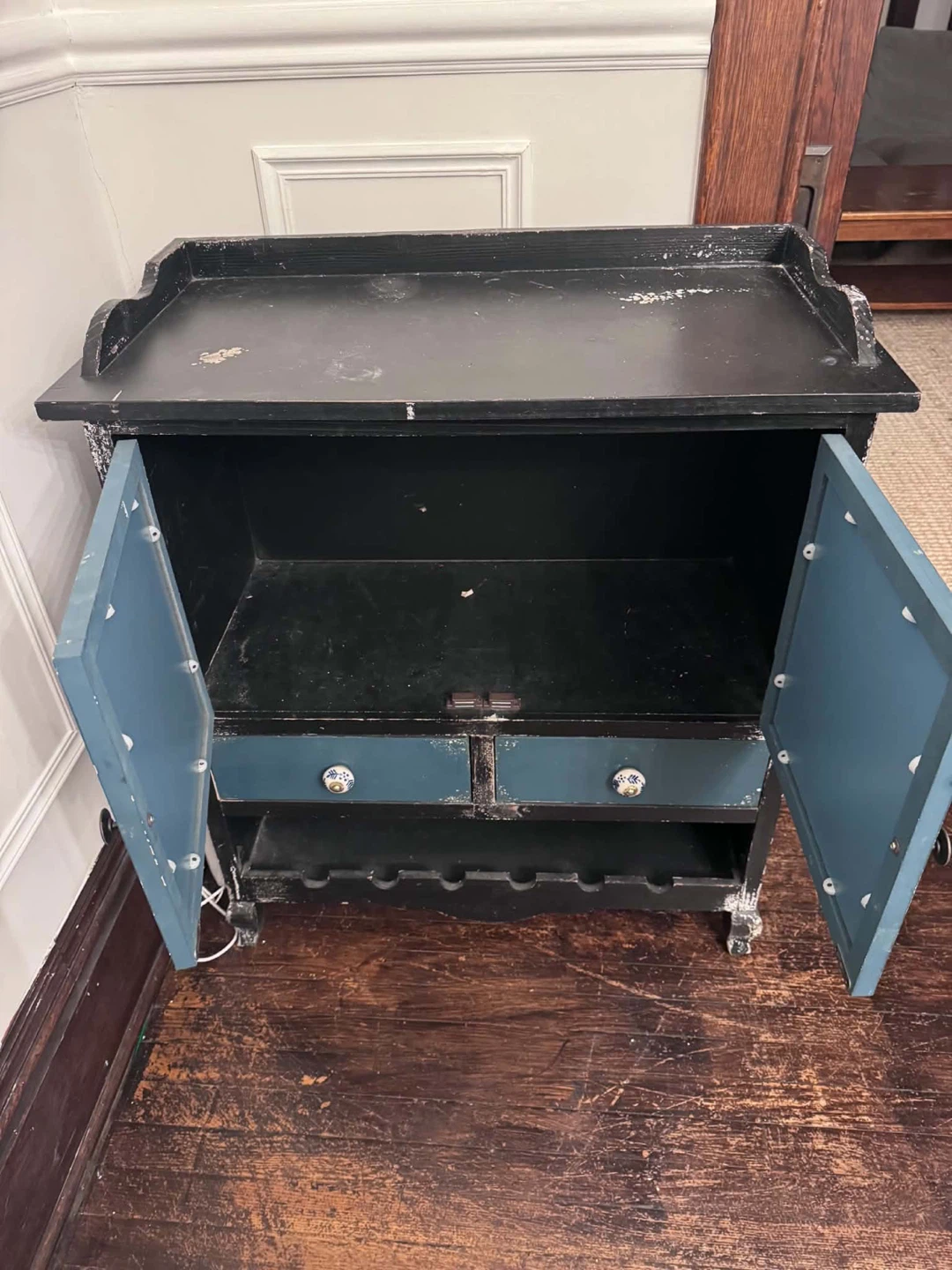 Distressed Blue and Black Cabinet with Wine Rack