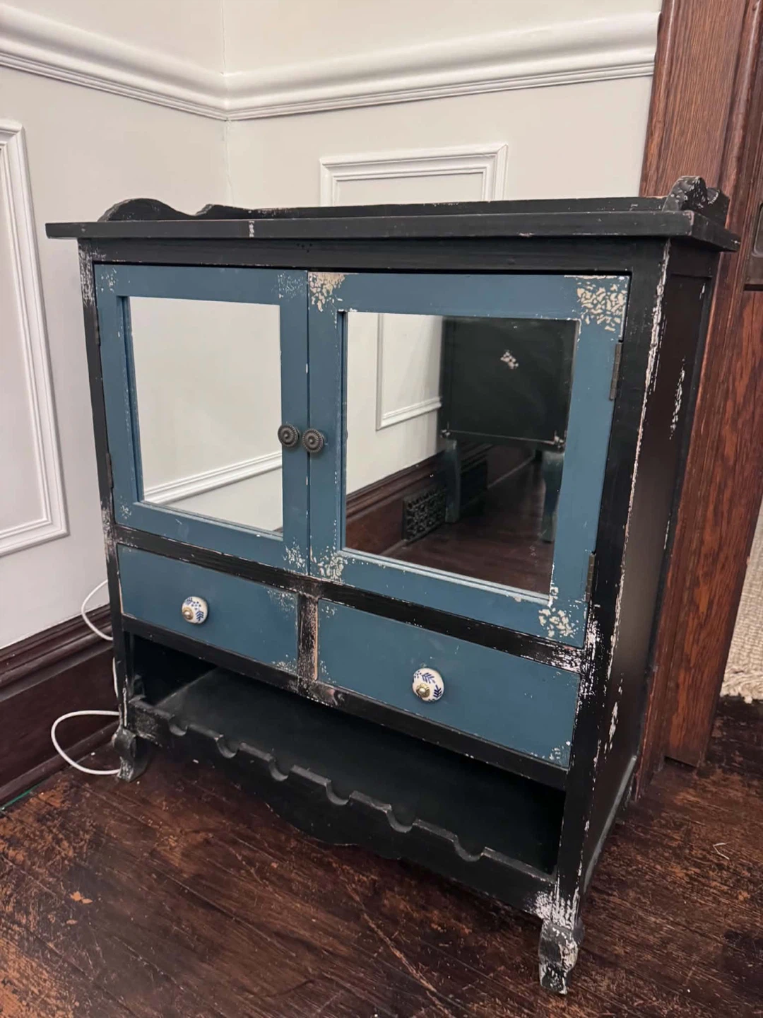 Distressed Blue and Black Cabinet with Wine Rack - photo 2