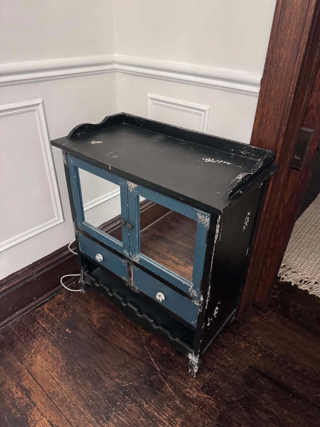 Distressed Blue and Black Cabinet with Wine Rack - photo 3
