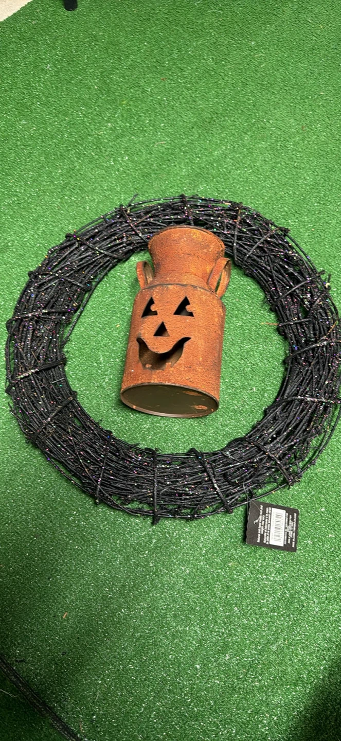 Halloween Jack-o'-Lantern Metal Canister and Wreath - photo 3