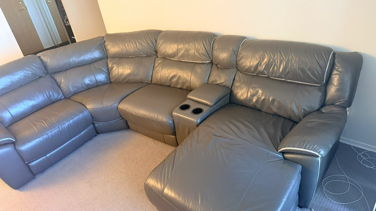Dark Grey Leather Sectional Sofa with Cup Holders