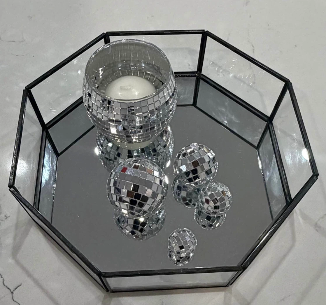 Hexagonal Mirrored Tray and Disco Ball Set