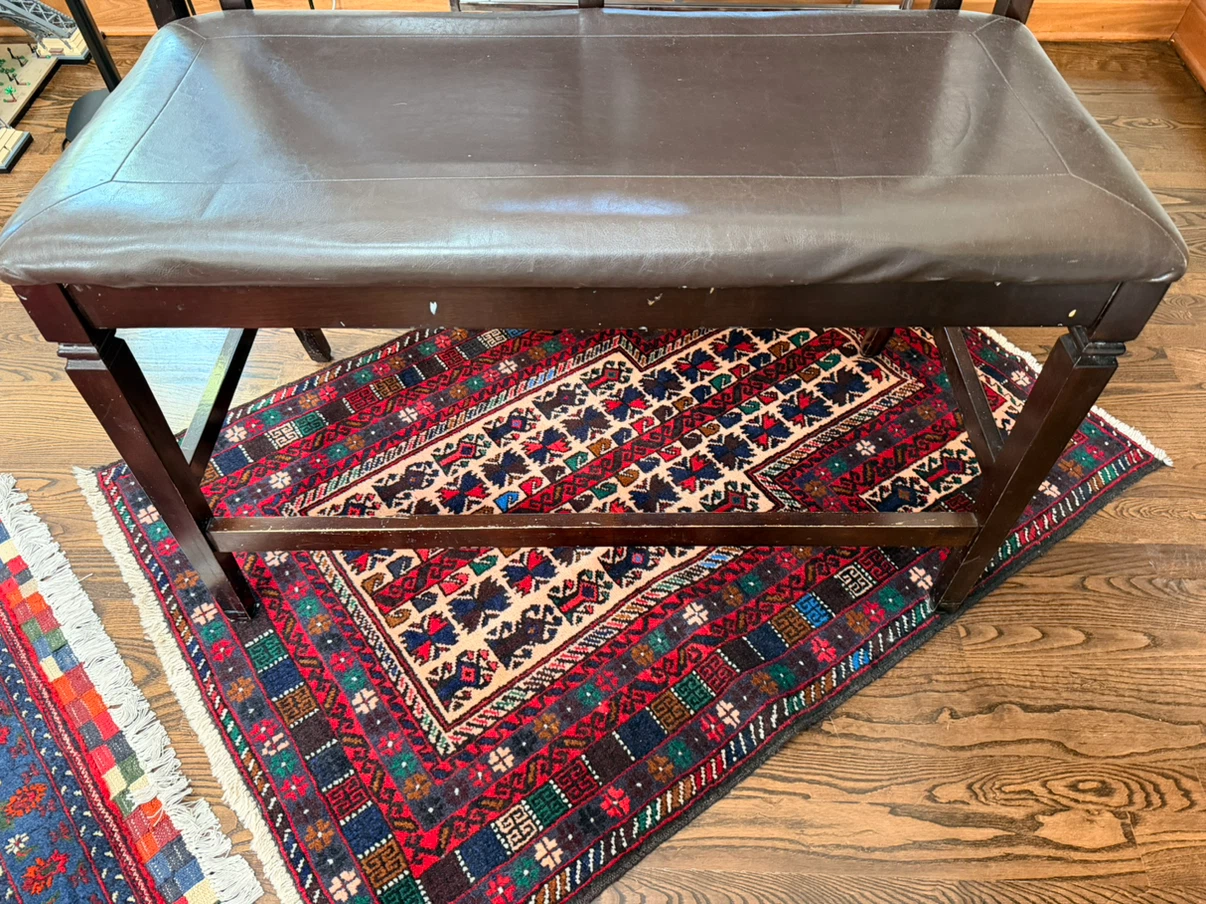 Dark Brown Wooden Bench with Faux Leather Seat