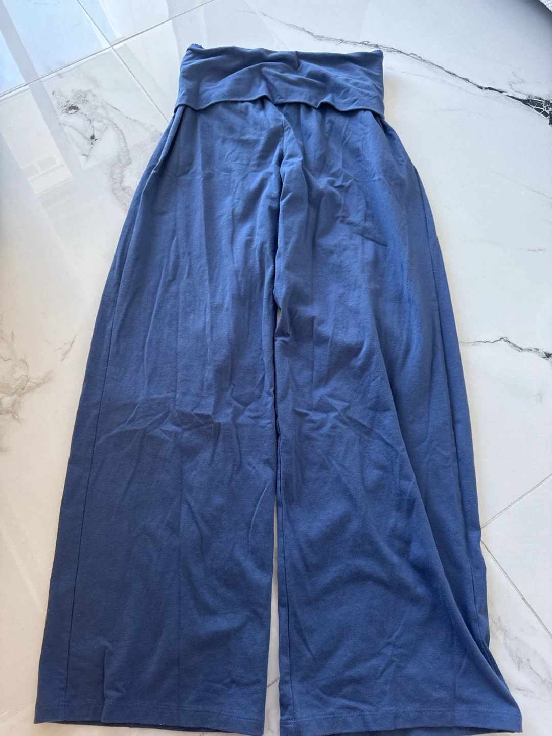 Blue Wide-Leg Fold-Over Waist Pants