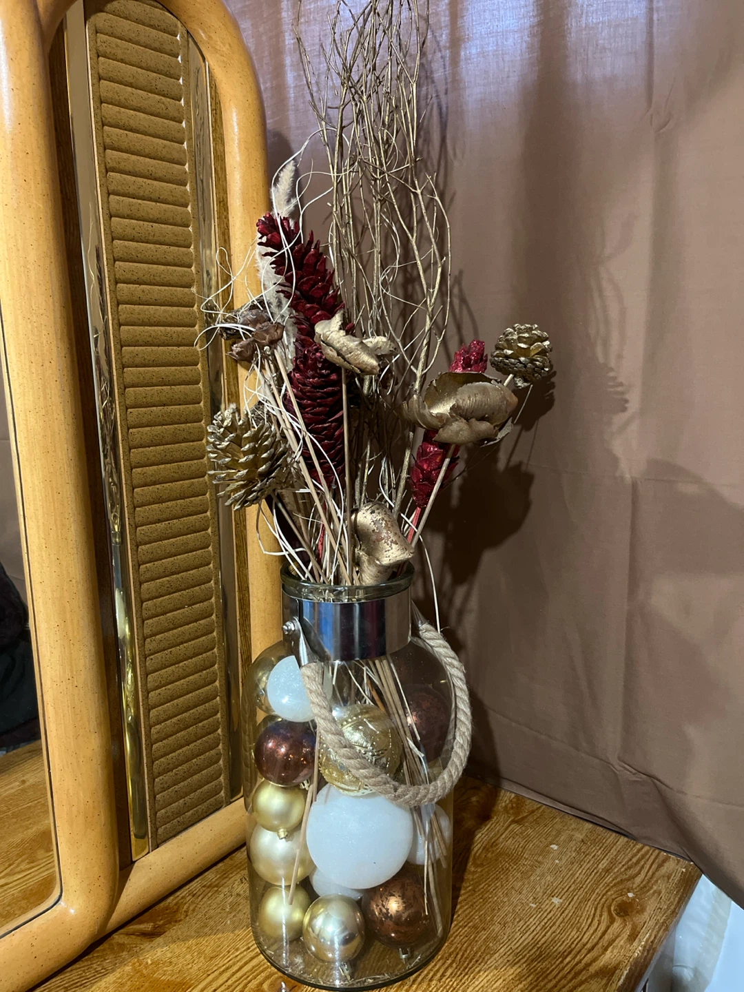 Decorative Glass Vase with Ornaments and Dried Stems