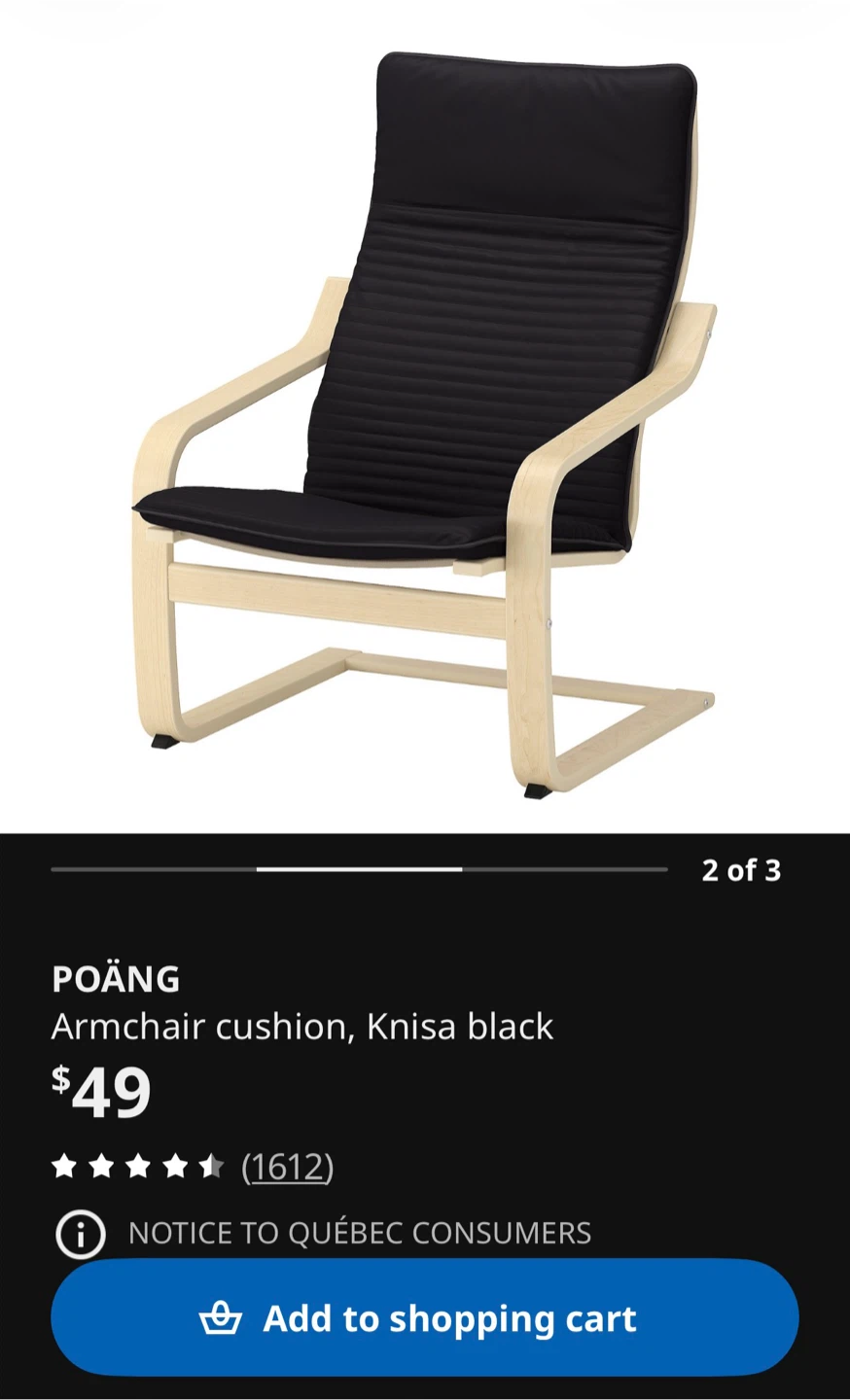 IKEA POÄNG Armchair Cushion - Knisa Black